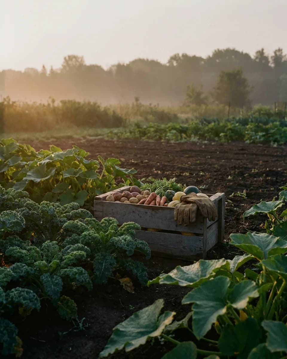 A harvest crate and work gloves in a community market garden at first light